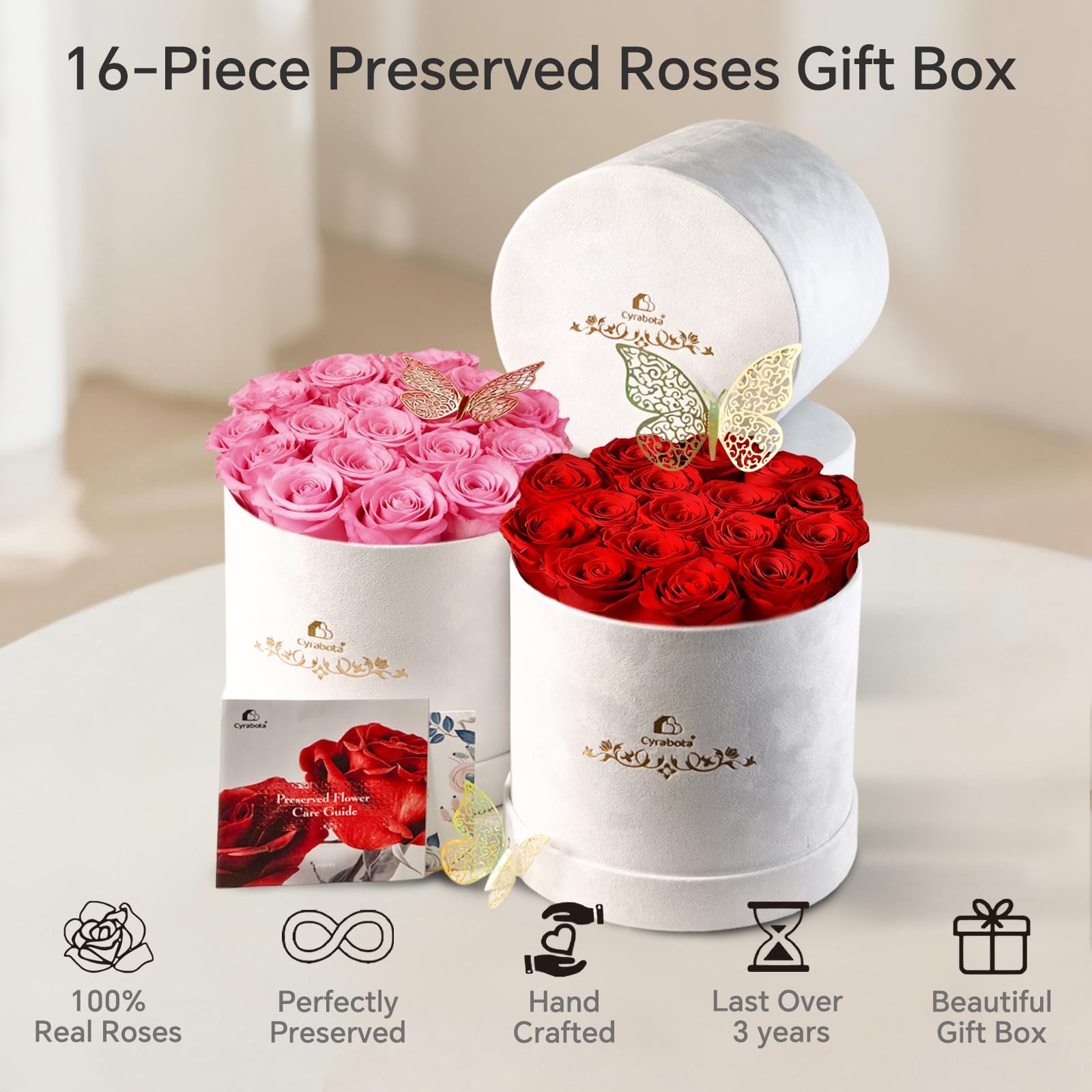 16 PCS Preserved Roses In Box Forever Flowers Gift Box For Women Sweet Pink