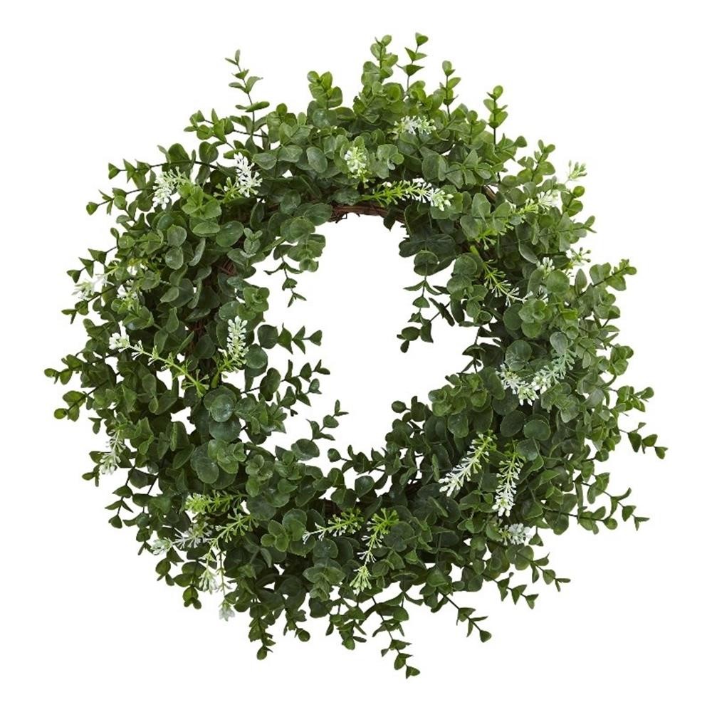 Pemberly Row 18″ Eucalyptus Double Ring Wreath with Twig Base in Green