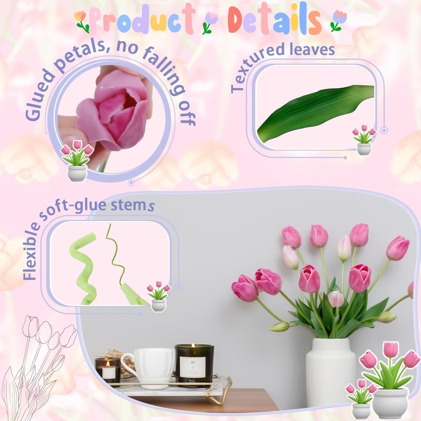 Deep Pink 15PCS 15.75″ Artificial Tulips, Premium Latex Natural Feel Fake Flo…