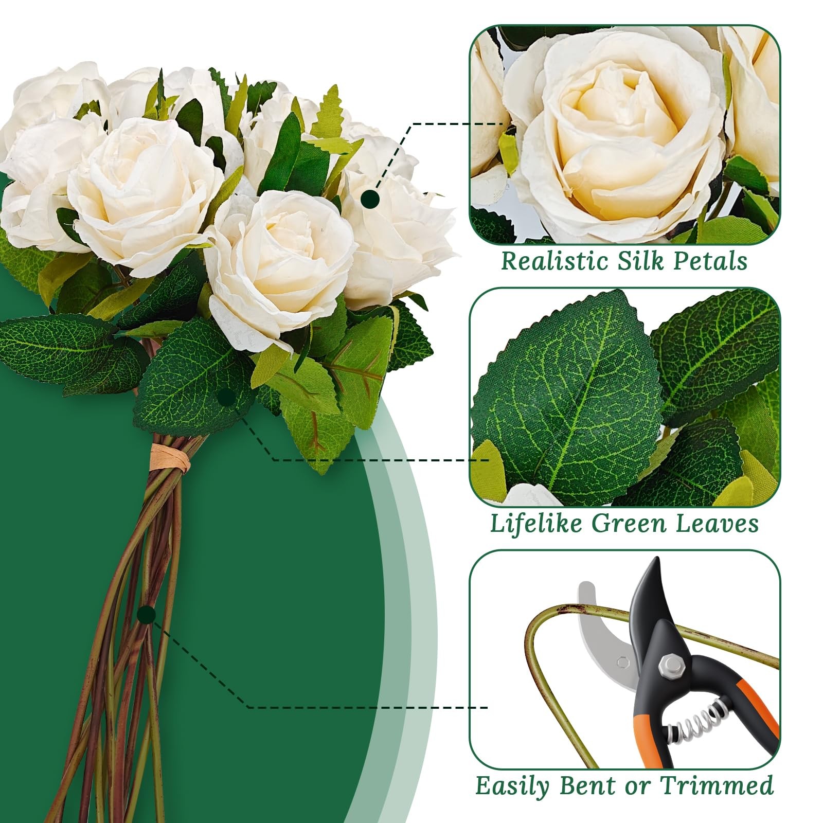 13 PCS Cream White Artificial Roses Fake Bouquet Realistic Faux Centerpiece