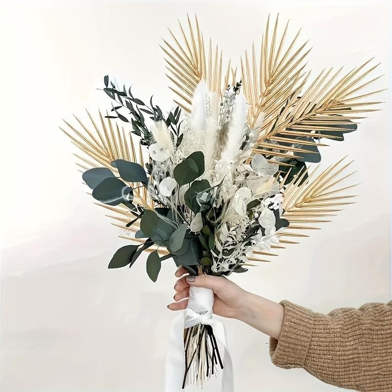 5PCS Gold Artificial Palm Leaves Tropical Faux Plants Home Wedding Vase Decor