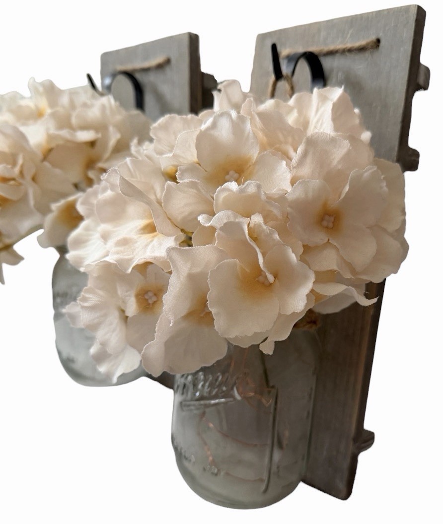 2 Rustic Wall Hanging Mason Jar Vases w/ Artificial White Hydrangea, Gray Wood