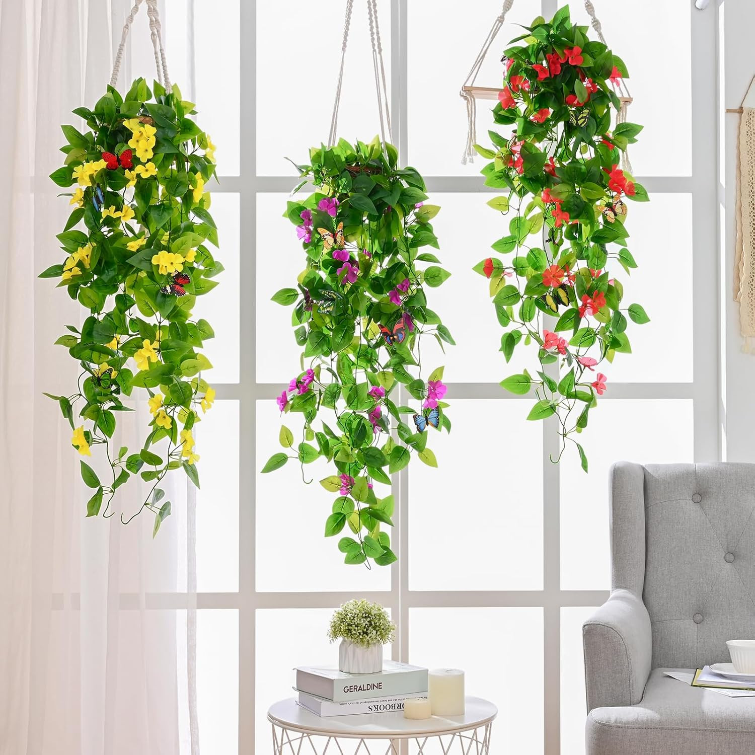 Artificial Hanging Flowers for Outdoors, 2pcs Fake Hanging Plants Pothos Vines w