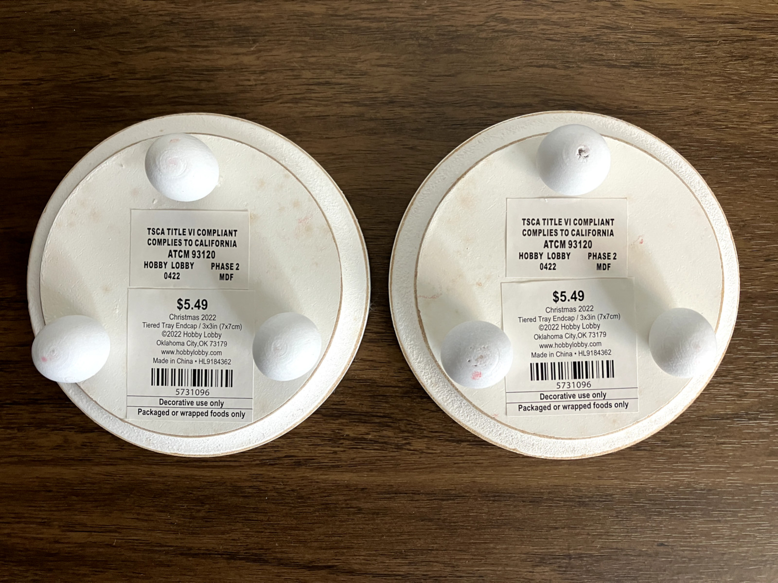 NOS “HOBBY LOBBY” PAIR OF 2 TIERED TRAY WOOD ENDCAPS, 4 INCH IN DIAMETER