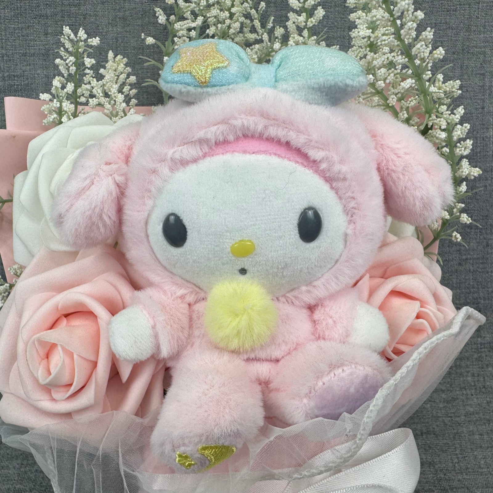 Sanrio My Melody Plush Flower Bouquet Pink Roses Gift Arrangement Decor Kawaii