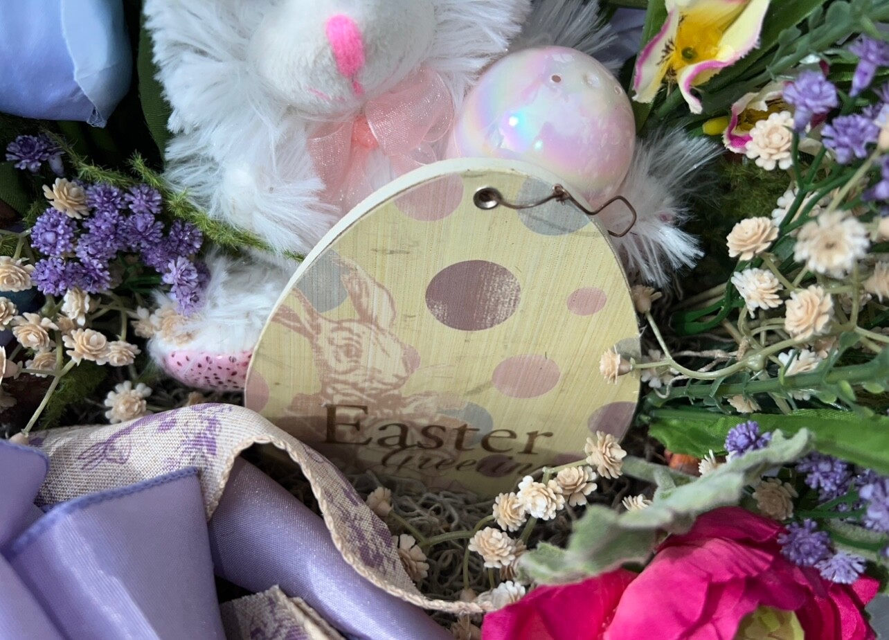 Stuffed Chocolate And White Bunny Gift Easter Basket Silk Pansies Cotton Stems