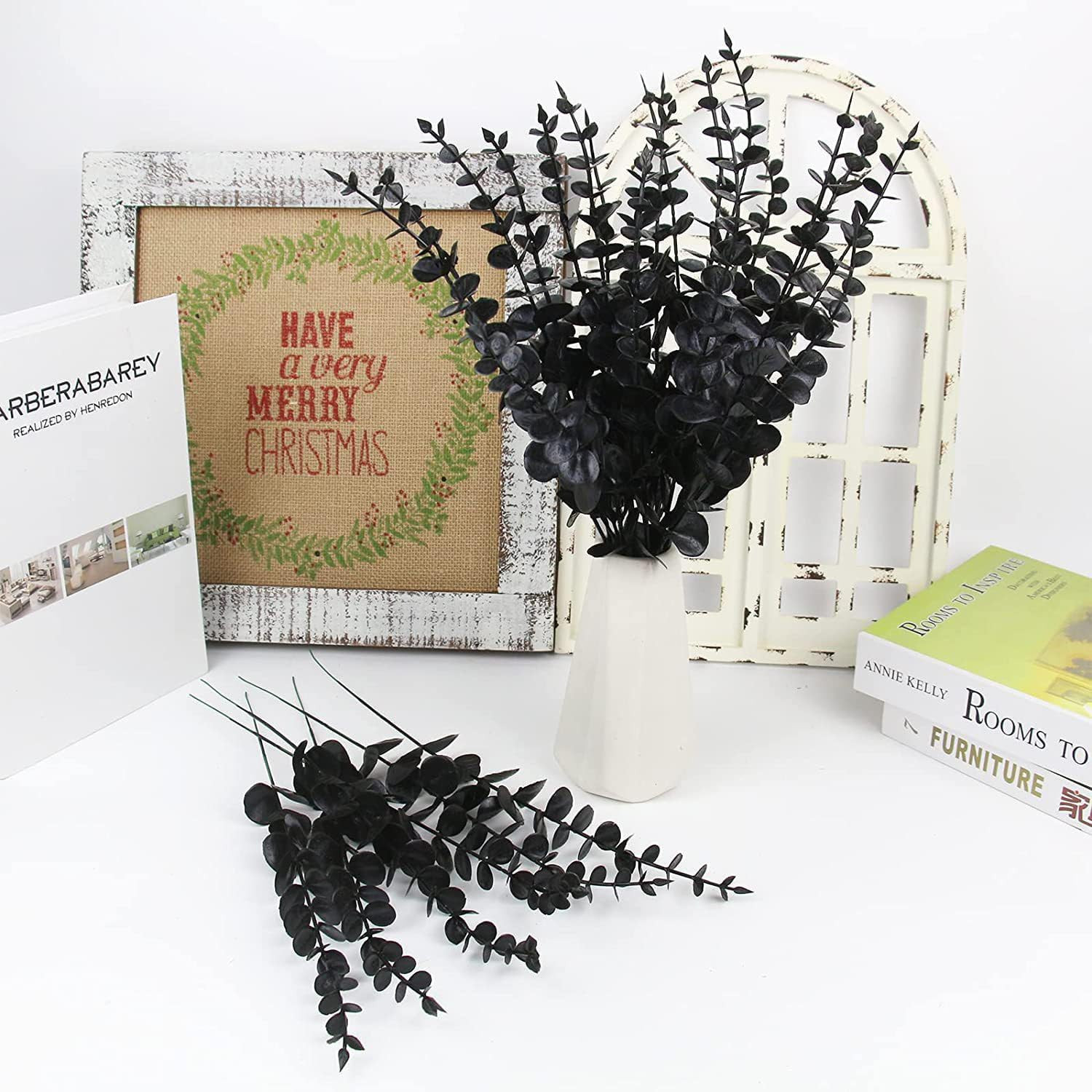 Plastic Eucalyptus Black Stems 12 Fake Faux Decorations Artificial Leaves Greene