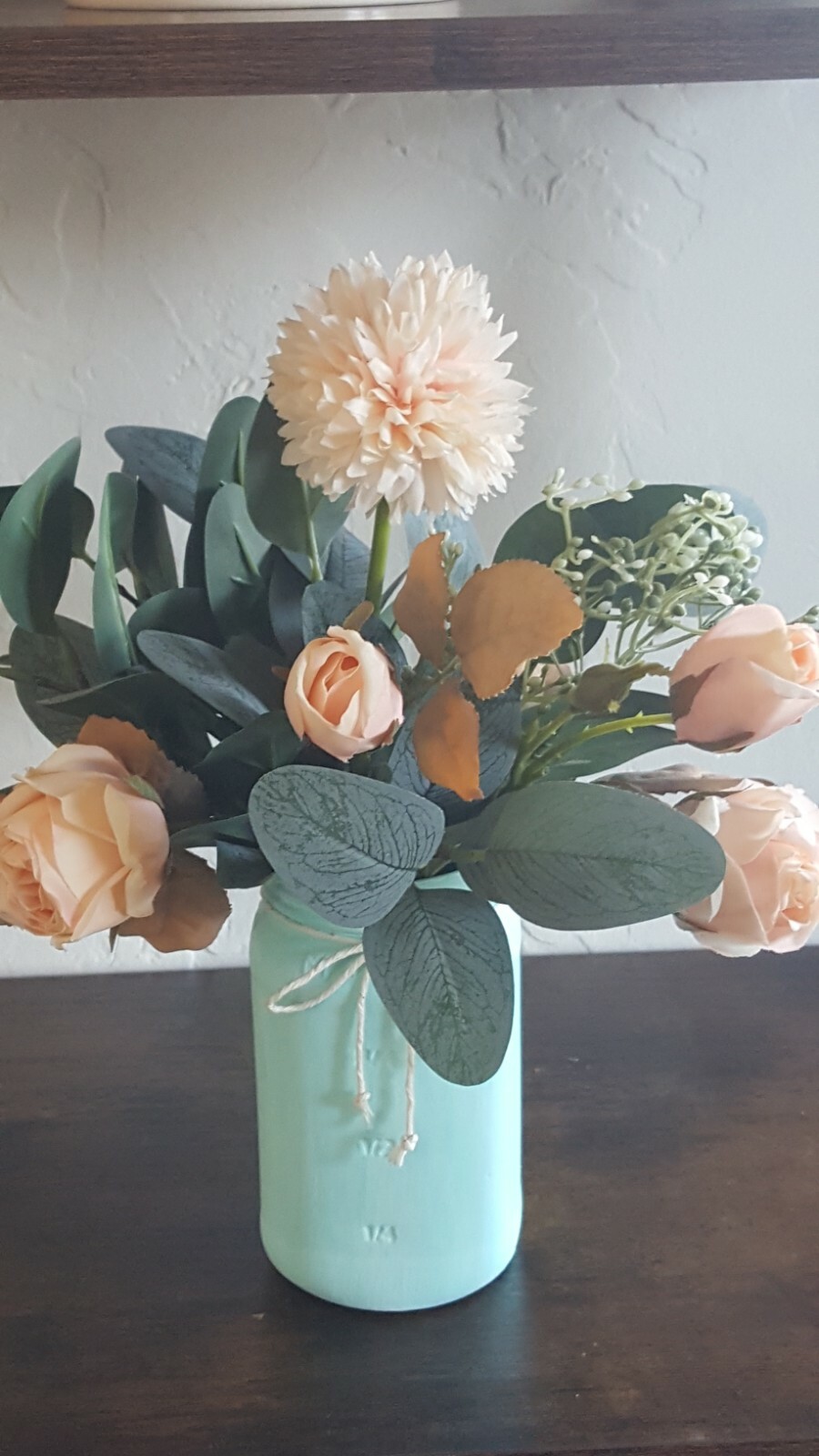 Elegant Rustic FarmHouse Decor Florwer Arrangement Painted Mint Green Mason Jar