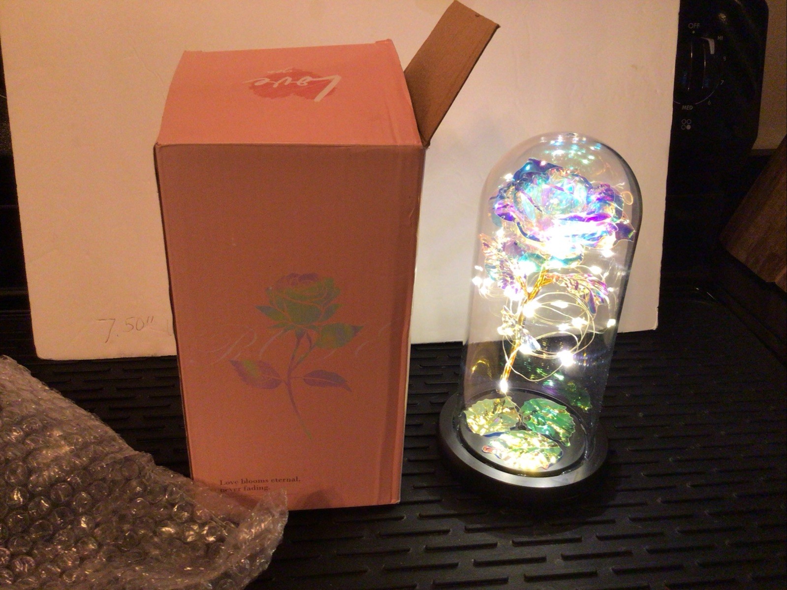 Eternal Rose Forever Artificial Flower In Glass Dome LED Light Lamp Foil Base