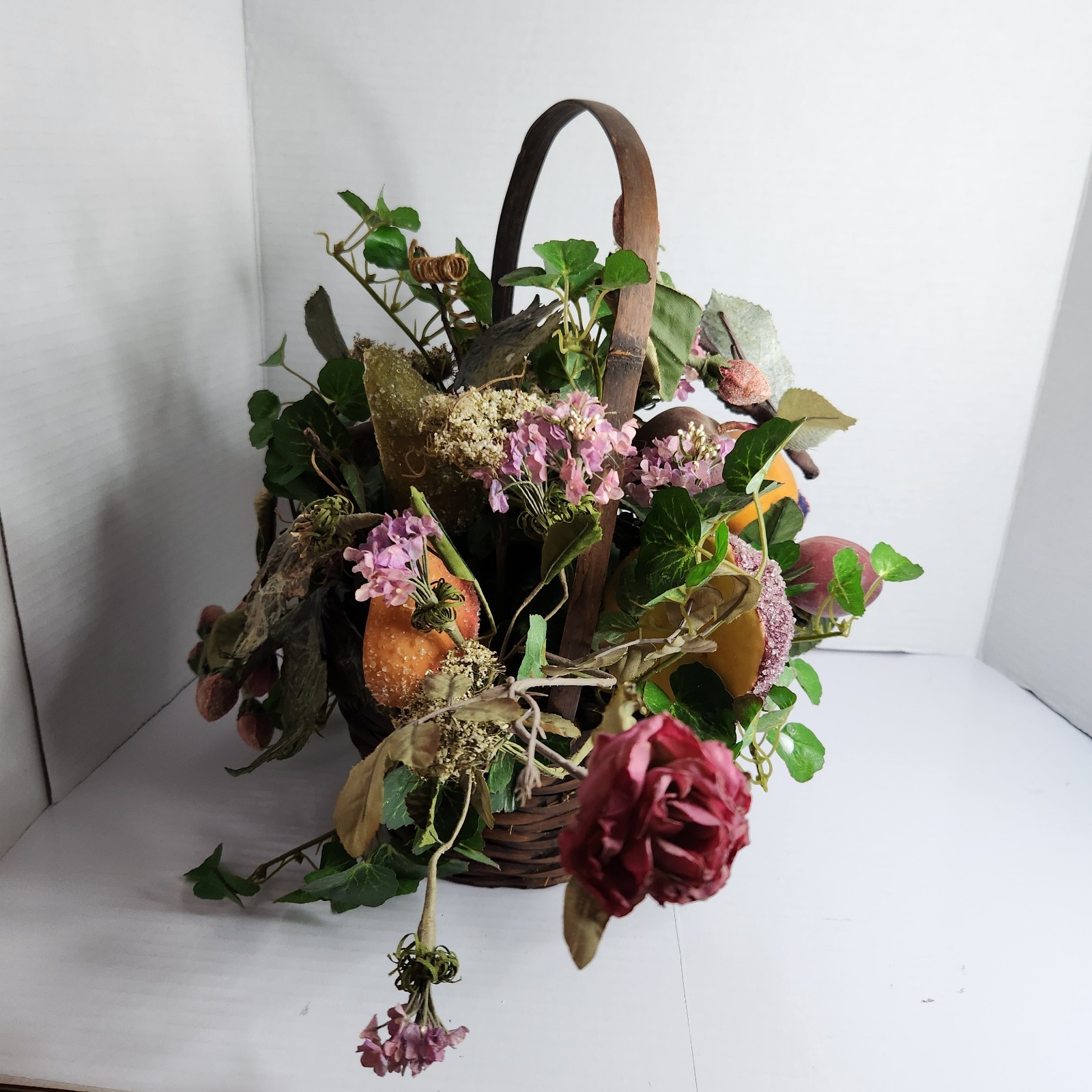 Vintage Floral Fruit Basket Centerpiece Cottagecore Rustic Farm Decor Handle