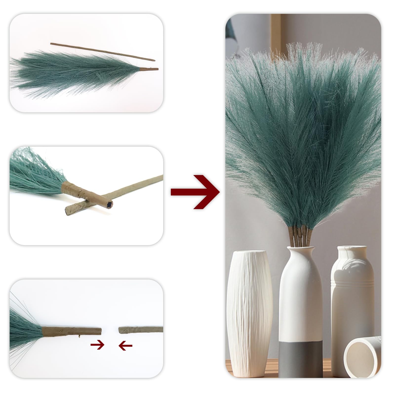 5 PCS 30″ Dark Green Pampas Grass Tall Fluffy, Detachable Faux Bulrush Reed G…
