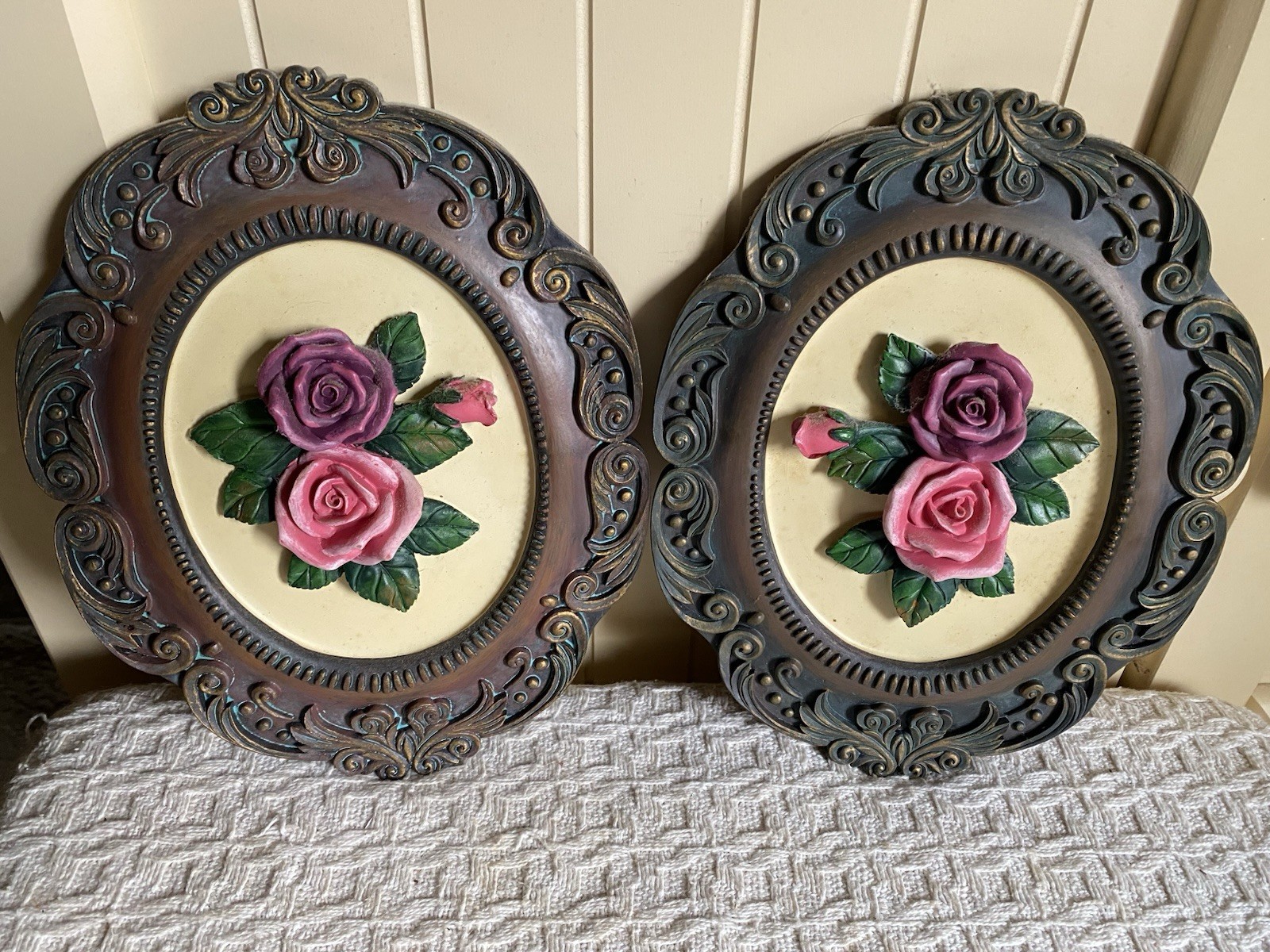 Vintage Rose Floral Wall Hanging Plaques Shabby Chic Cottagecore Decor Set Of 2