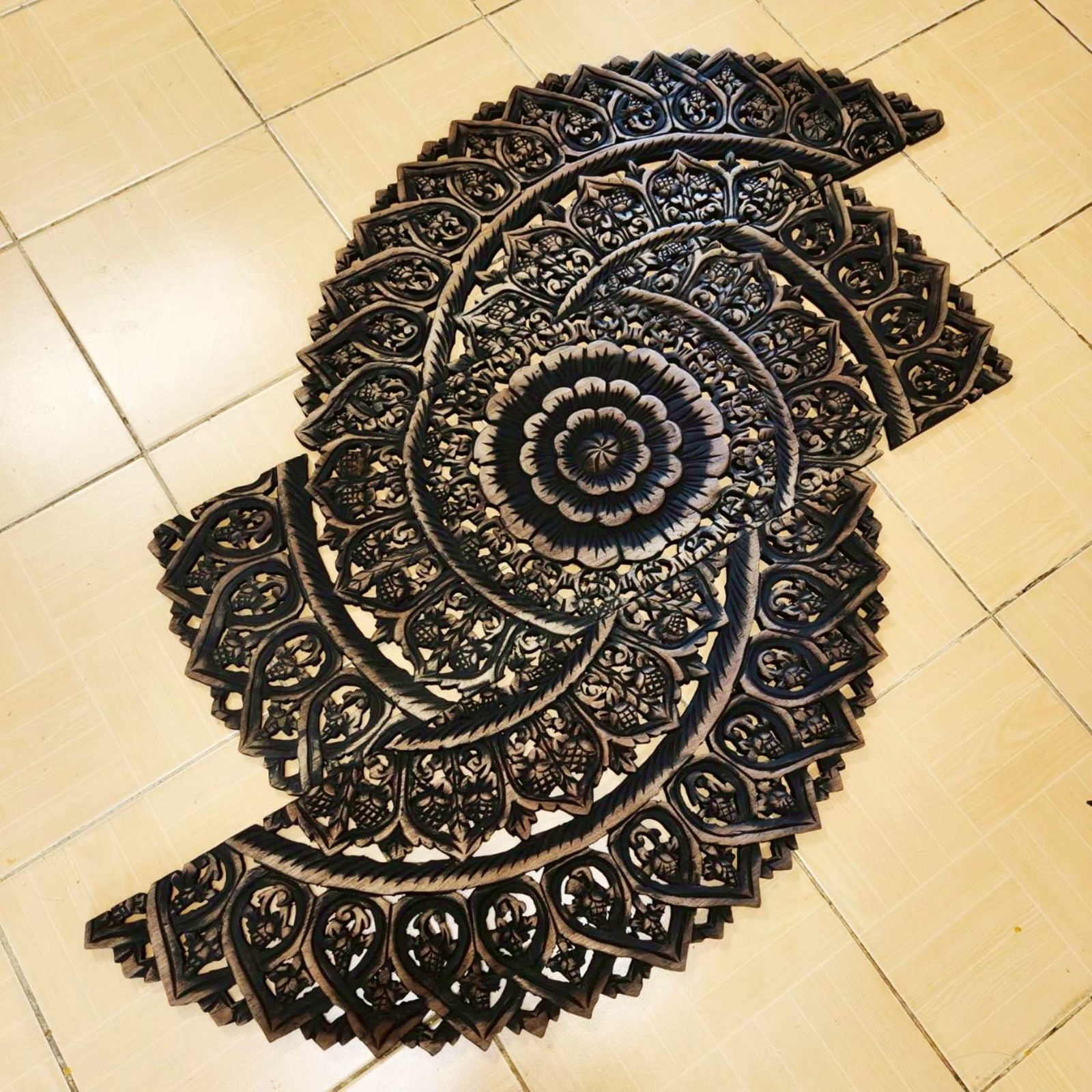 Round Floral Mandala Wood Carving Panel Black 90 cm, 3-Piece Set #B