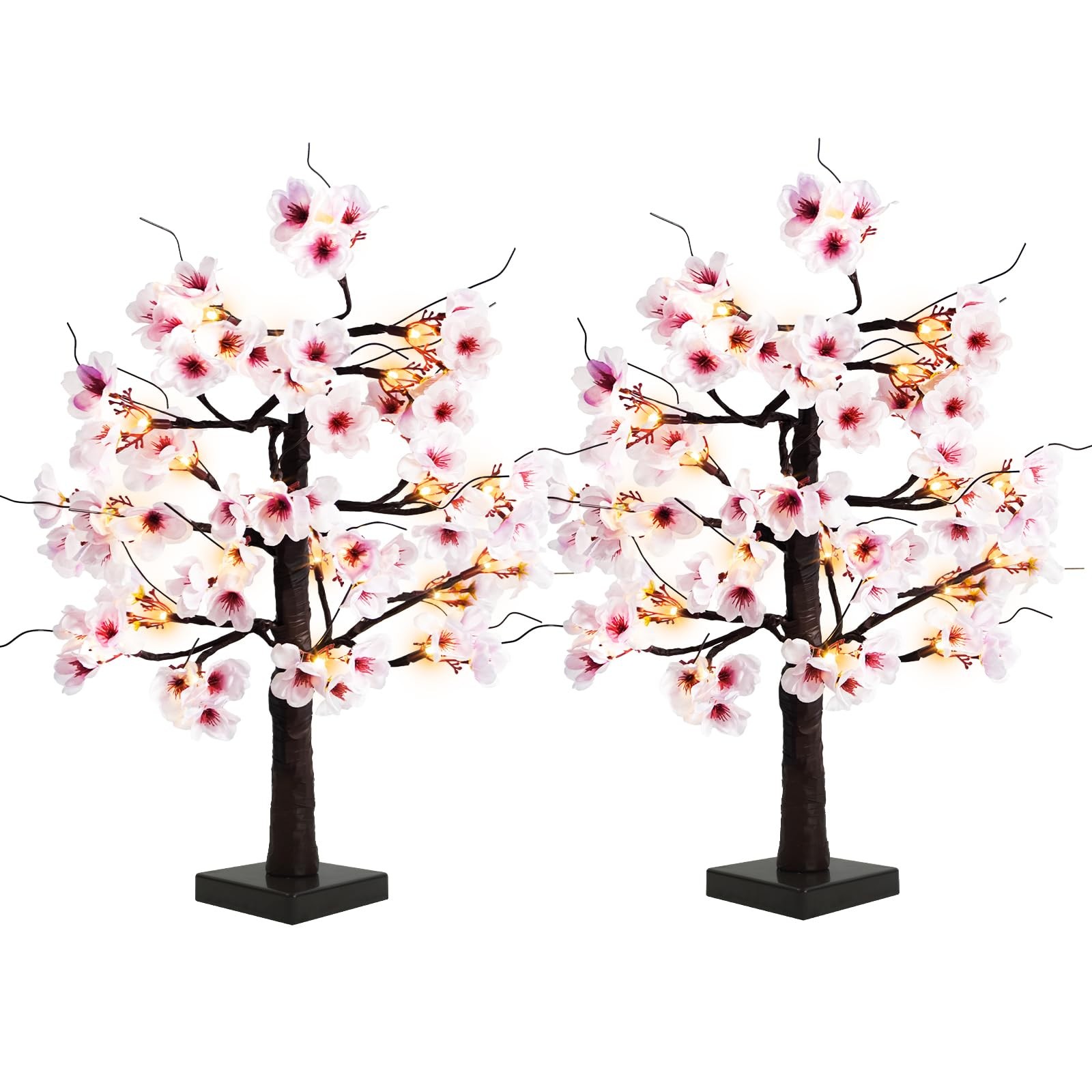 2 PCS 24 Inch Lighted Cherry Blossom Tree 48 Warm White LED Tabletop Bonsai
