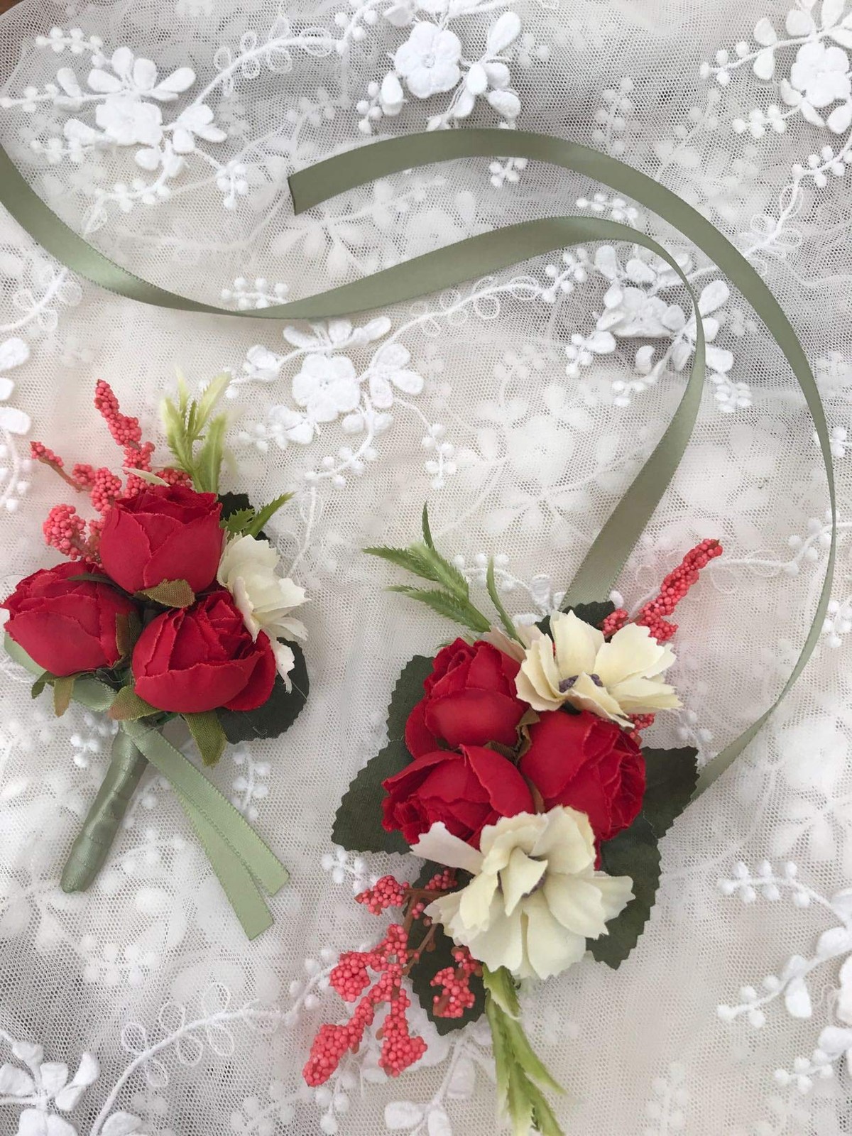 Rose Wedding Wrist Corsage and Boutonniere Set Red Hand Ribbon Suit Decor