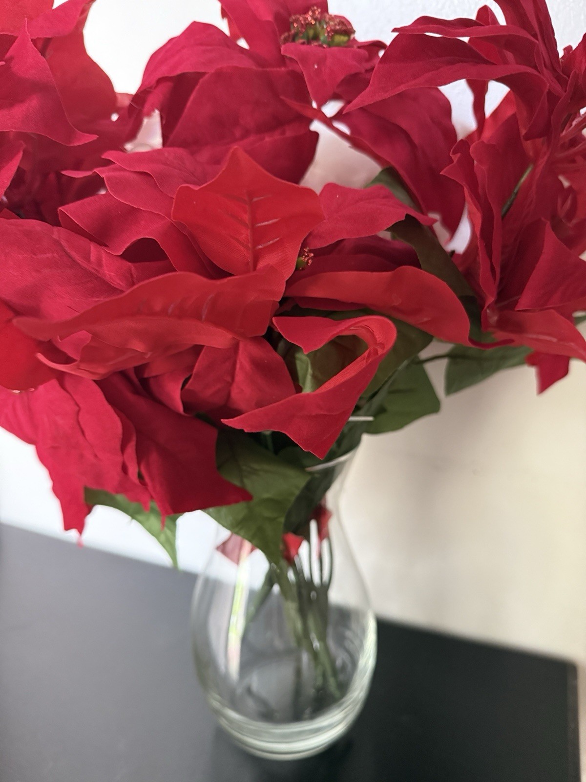 Poinsettia Flower Stems Artificial Cloth Flowers 5 Stems 4 Red 1 White 18” Tall