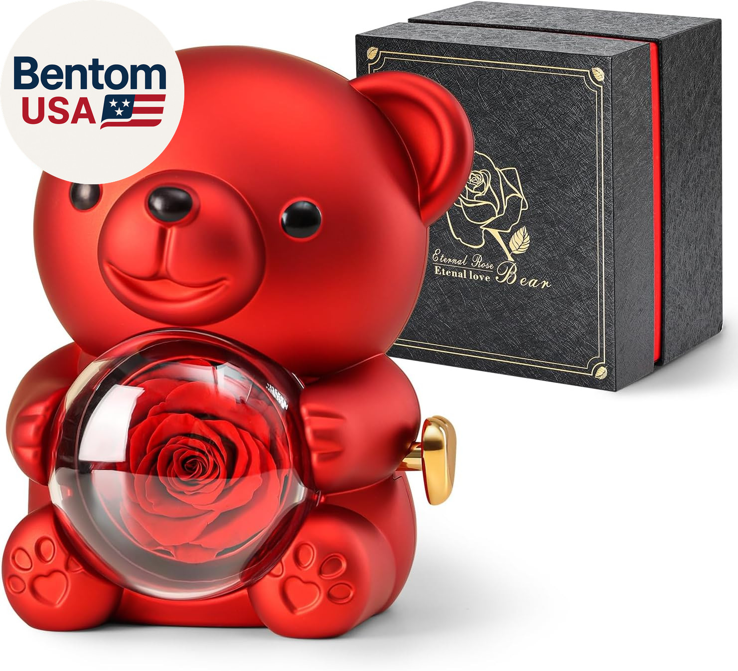 Cute Teddy Bear with Preserved Rose – a Real Rose Flower in Bear with Elegant Gi