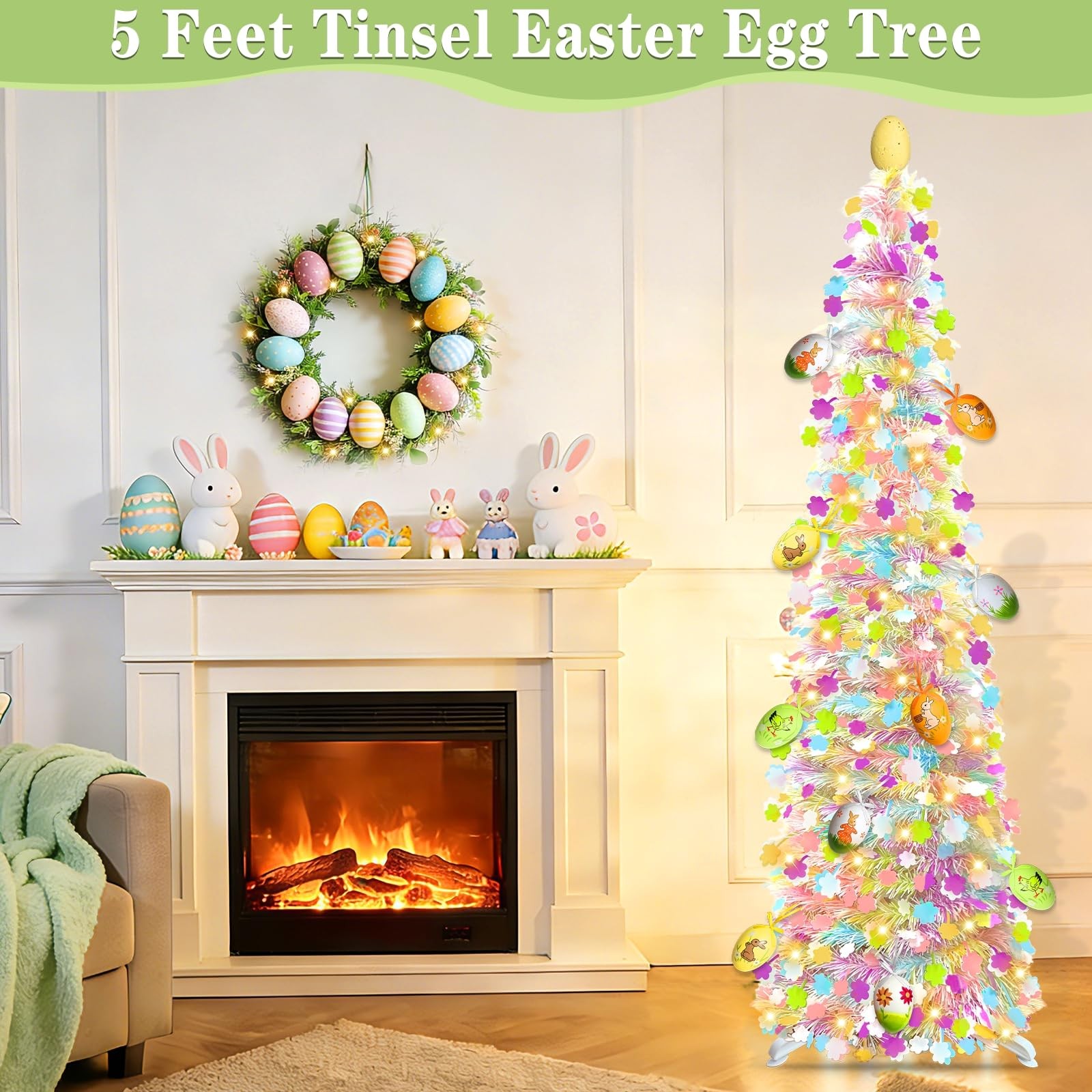 Timer – Easter Decorations, 5Ft Lighted Easter Tree with 50 LED Warm White Light