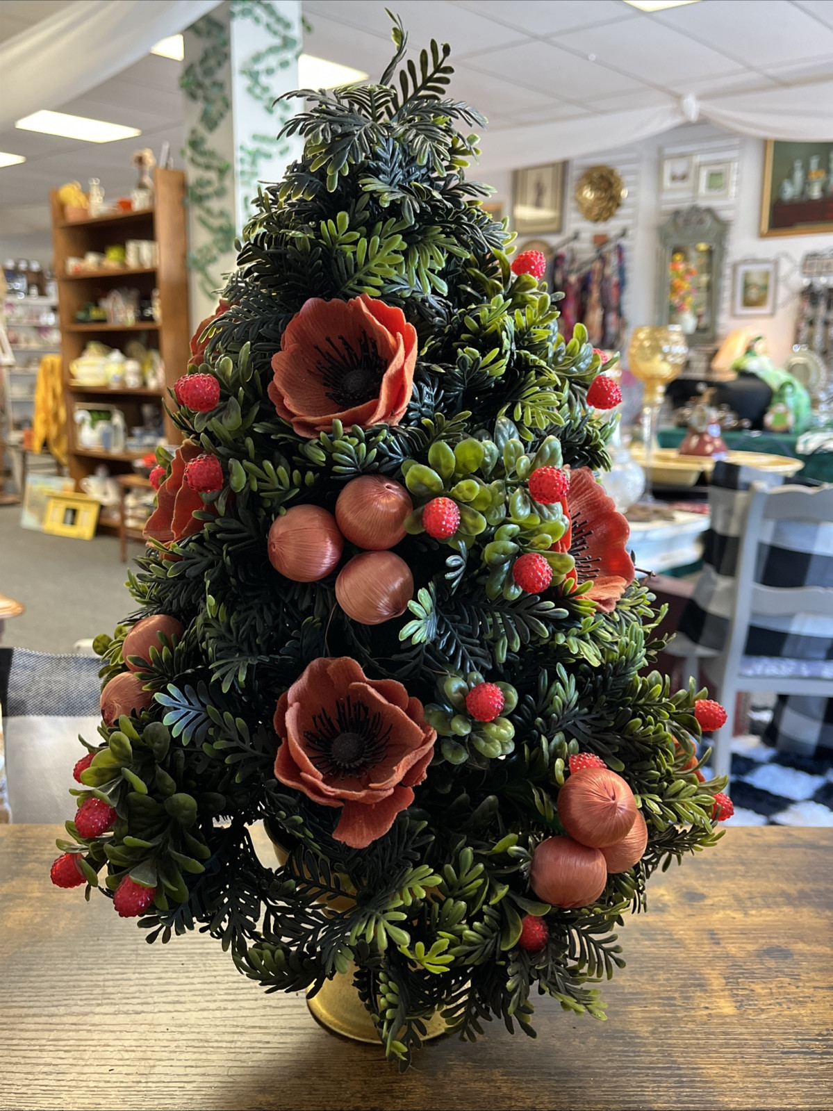 Vtg Mid-Century Plastic Floral Poppies Fruit Arrangement Centerpiece Xmas Tree