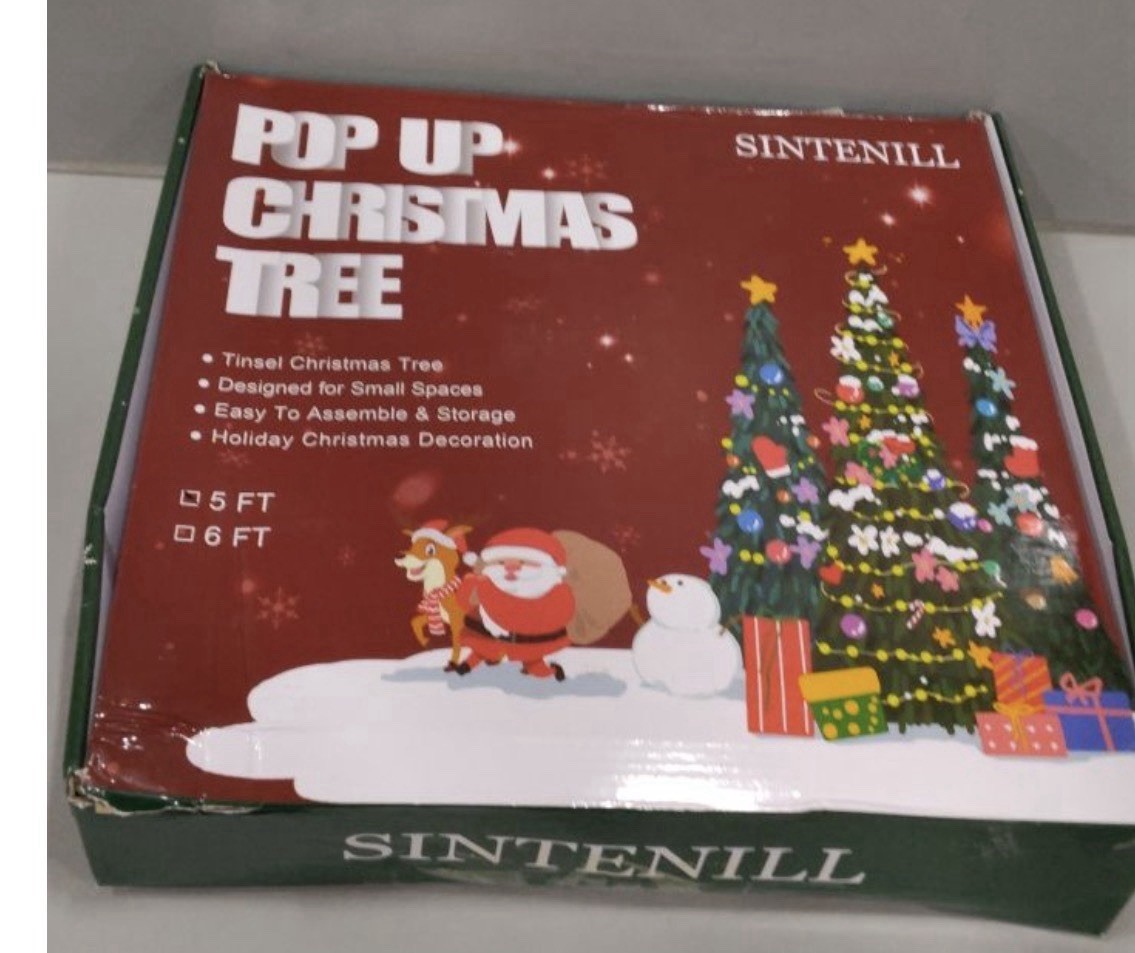 5 FT Pop Up Christmas Tree with Timer Lights and Decorations, Green Tinsel New