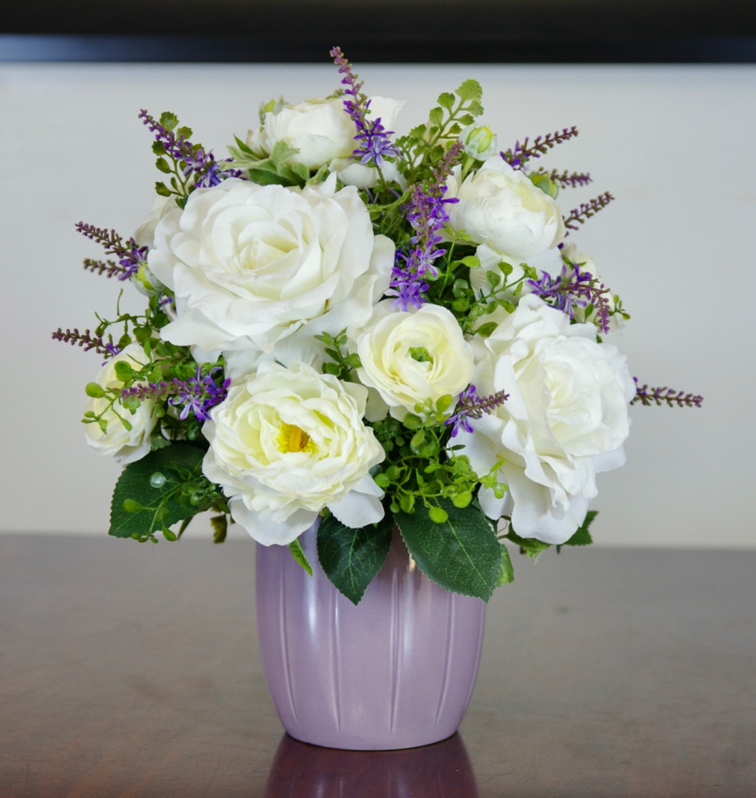 Silk White Roses, White Ranunculus and Lavender Wildflowers in a Lavender Bowl