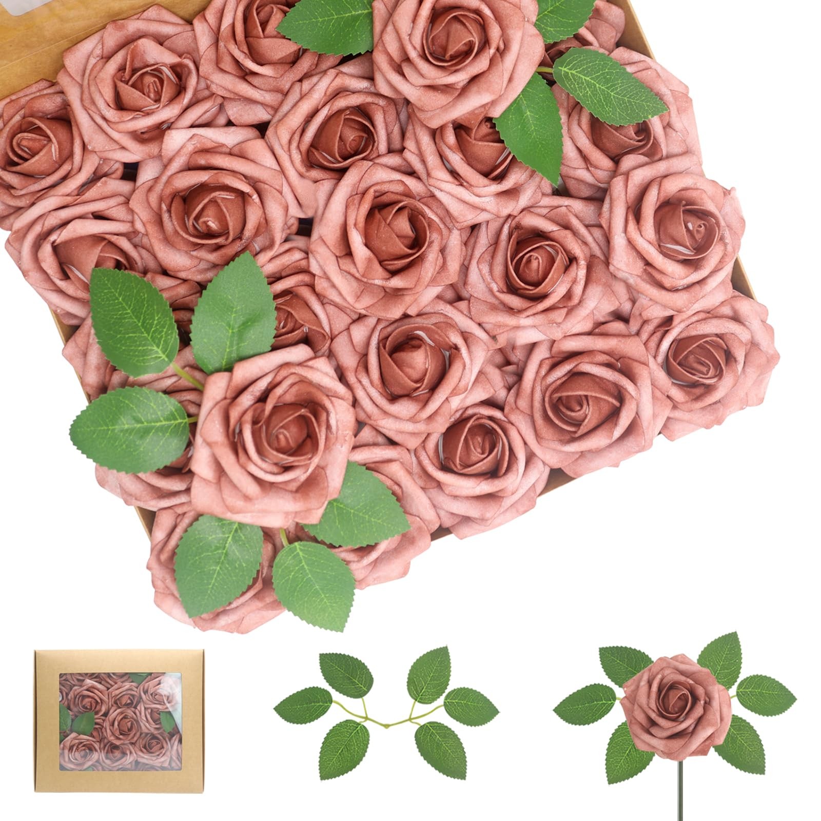 100 PCS Warm Taupe Artificial Flowers Roses Foam Fake Leaves Wedding Bridal