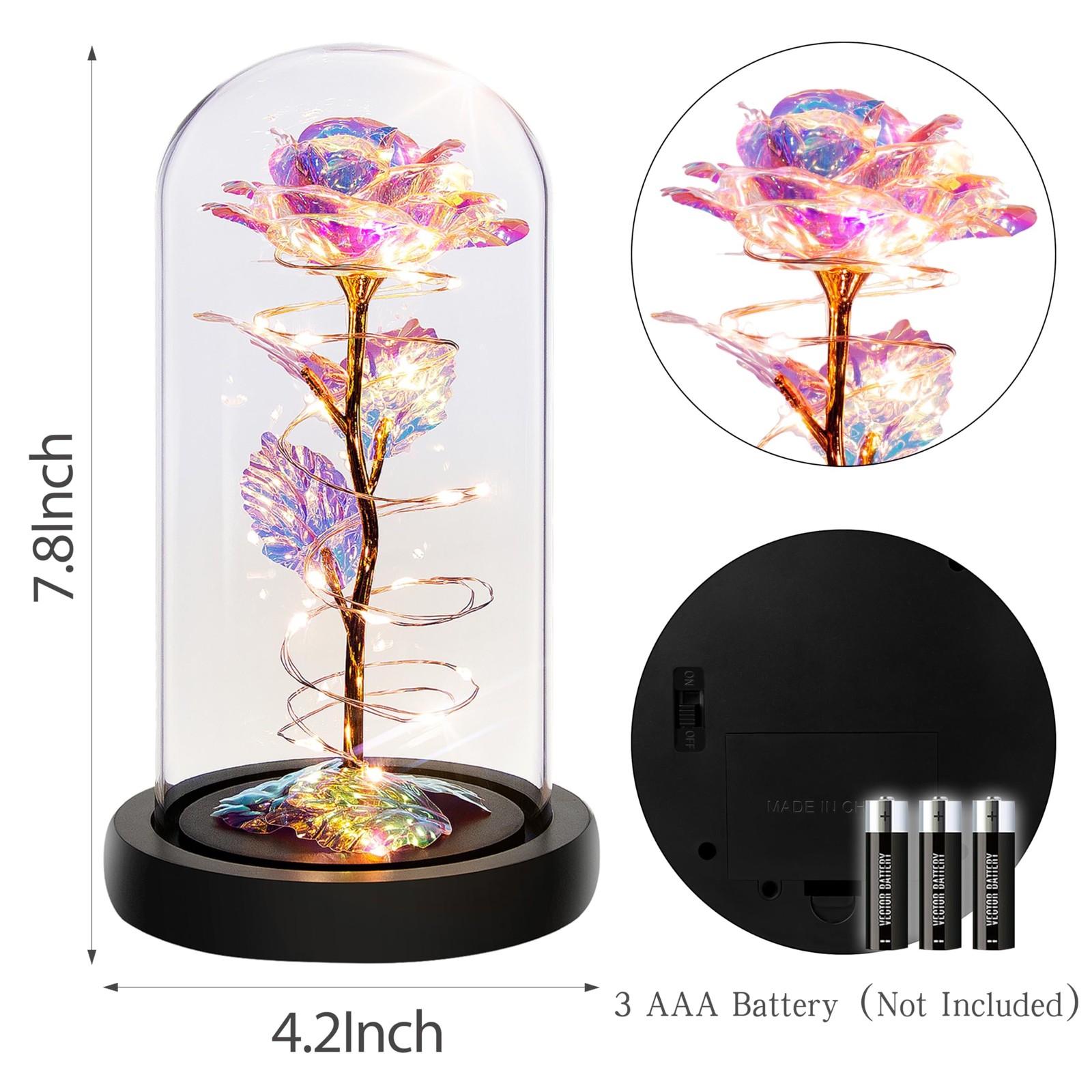 Birthday Anniversary Gifts for Women Colorful Light Up Rose in A Glass Dome