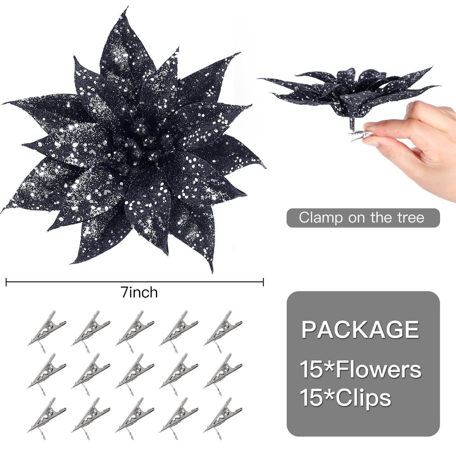 15 PCS Black Halloween Christmas Glitter Artificial Poinsettia Flowers Clip