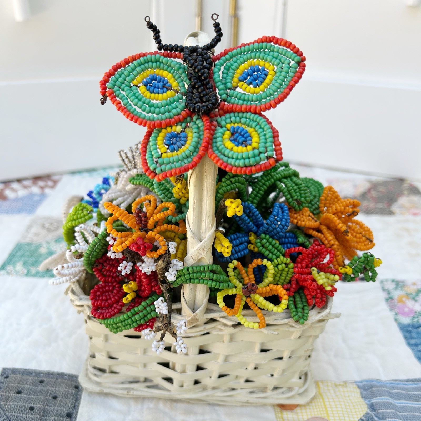 Vintage French Glass Beaded Wire Flower Bouquet Basket Colorful Arrangement