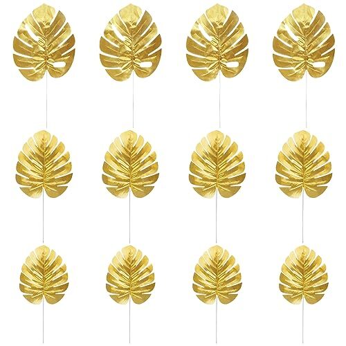 24 Pcs Artificial Gold Palm Leaves Tropical Party Leaves Table Wall Decoration