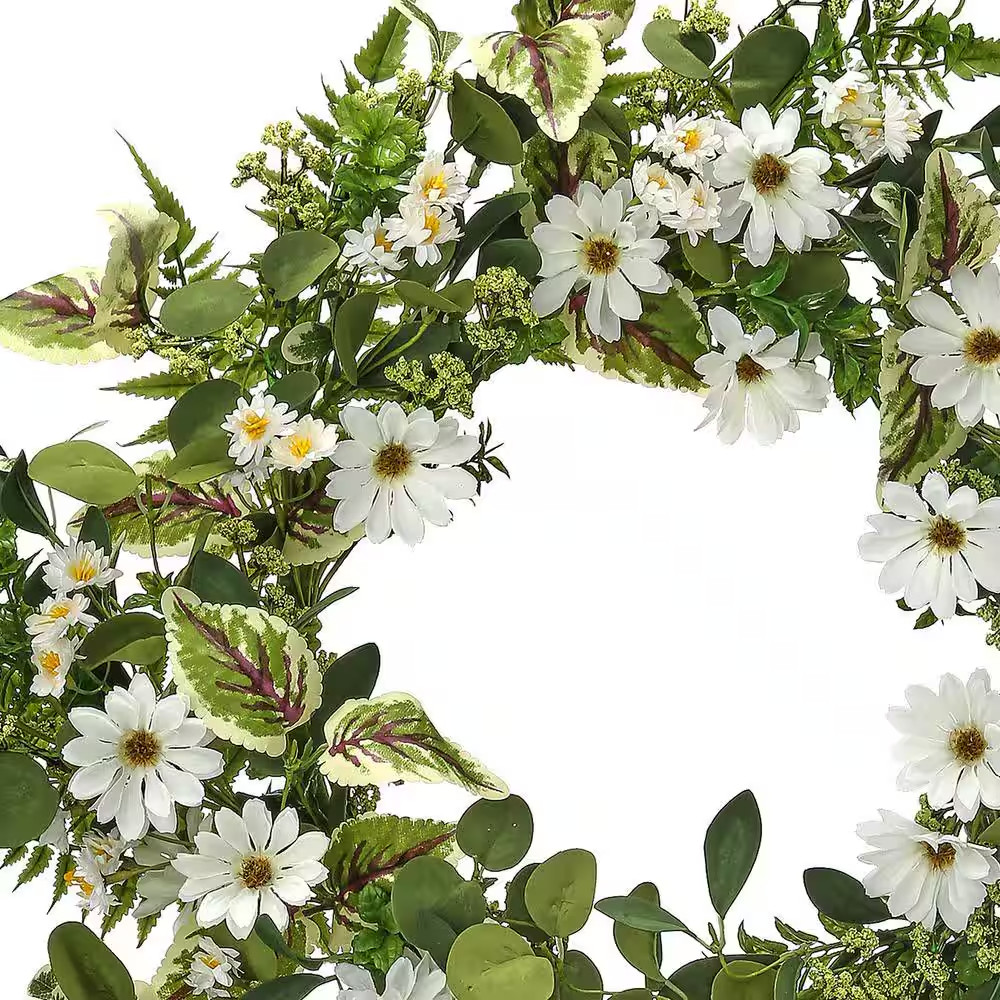 24 In. White, Green Artificial Daisy and Mix Greens Wreath 24 In.