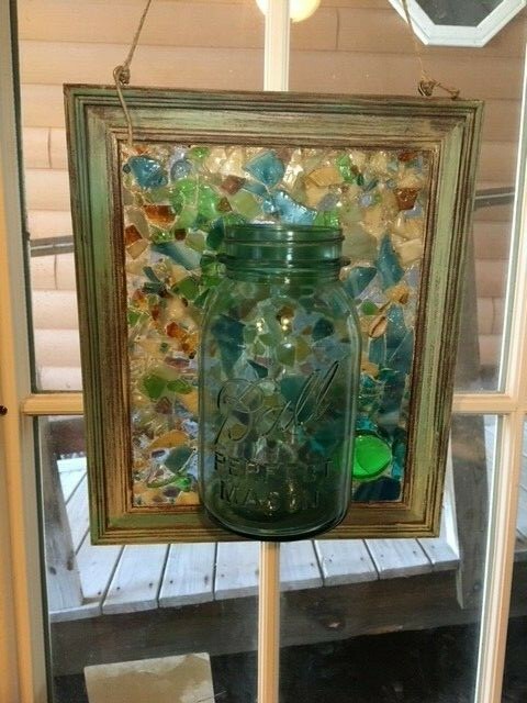 SHABBY CHIC FRAMED GLASS MOSAIC W/MASON JAR ATTACHD TO HOLD FRESH FLOWERS