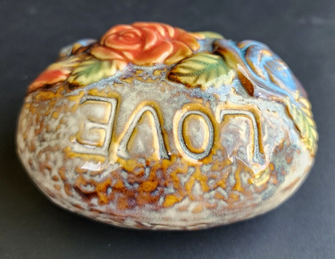 LOVE floral faux rock decor glossy home or gift ceramic glazed oval shape