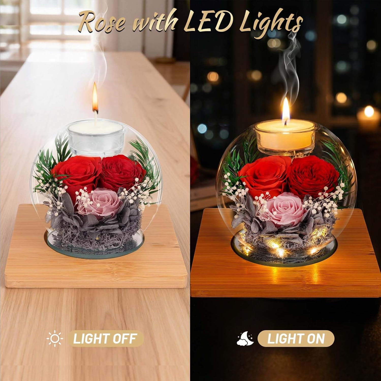 Preserved Red Real Rose in Glass with Scented Candles – Forever Flower Romantic