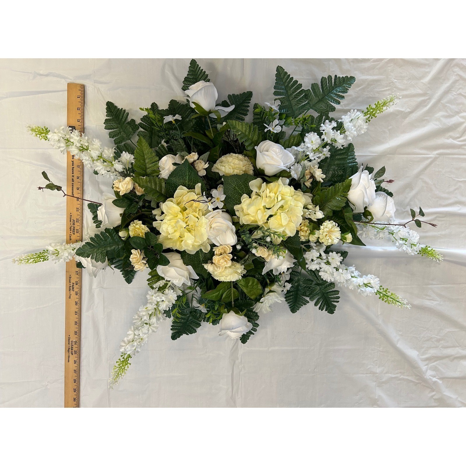 White Rose Yellow Hydrangea Silk Floral Saddle Cemetery Spray Wedding Centerpiec