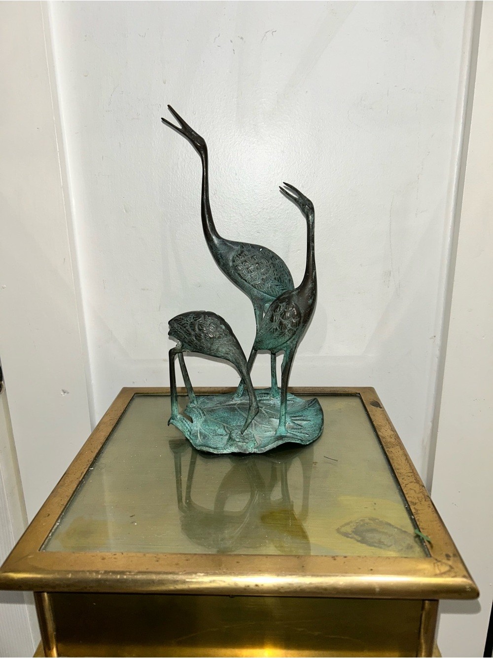 Vintage Brass Crane Sculpture Set MCM Heron Bird Figurine Decor Patina Metal