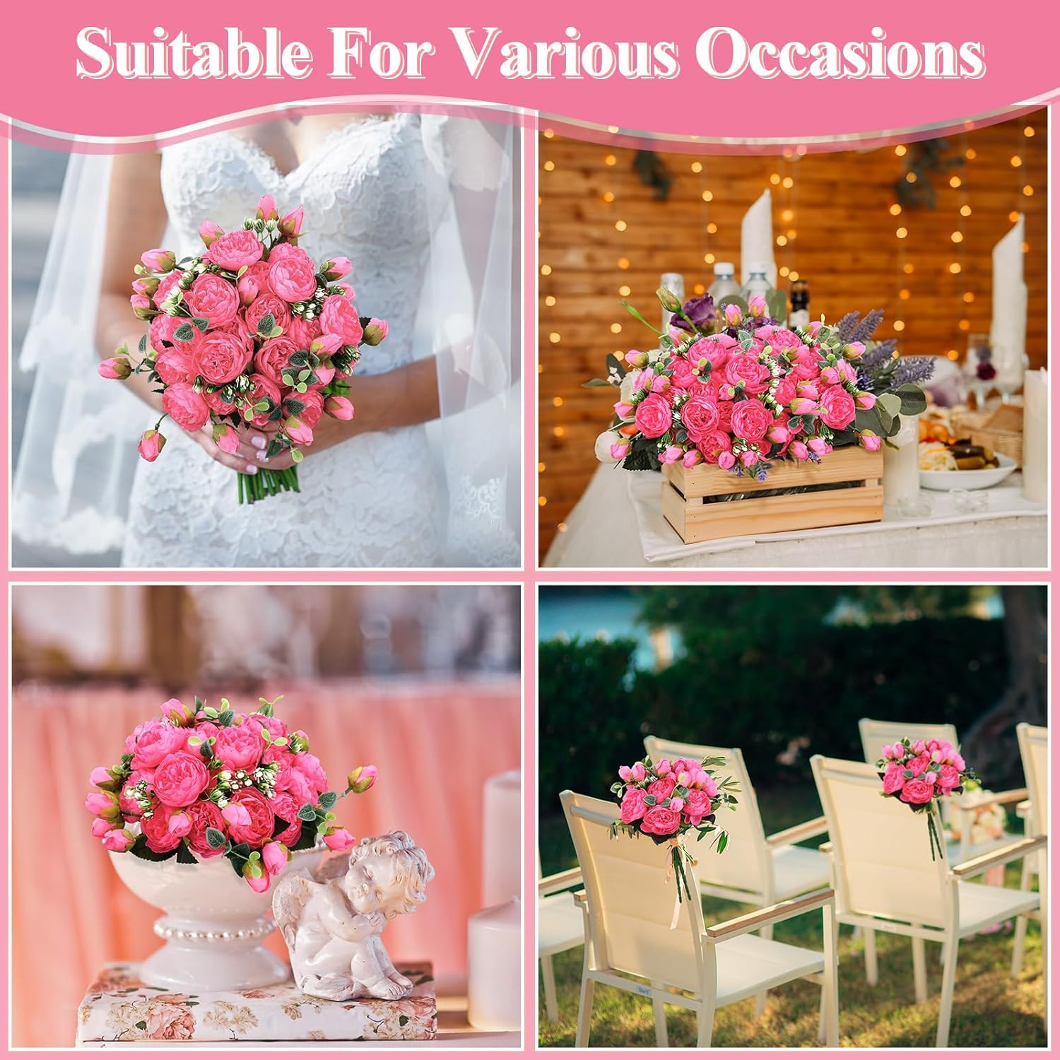 Hot Pink Silk Peony Flowers – 24 Bundles for Wedding & Party Decor