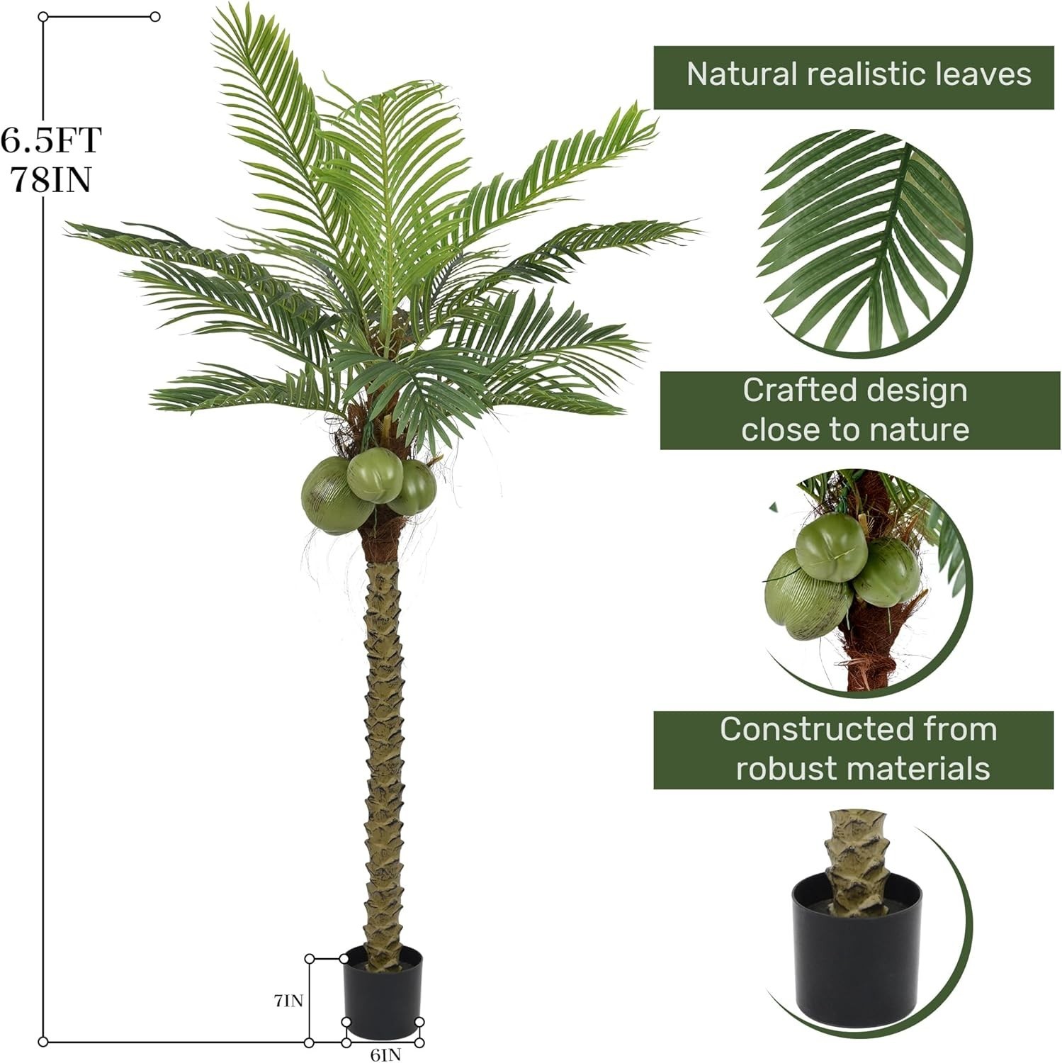 Artificial Phoenix Palm Tree 6.5FT Tall Large Faux Coconut Trees with Realistic