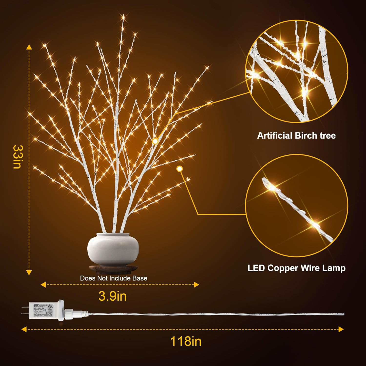 33″ Birch LED Light Tree 180 Lights Twinkling Branch Table Decor With Timer