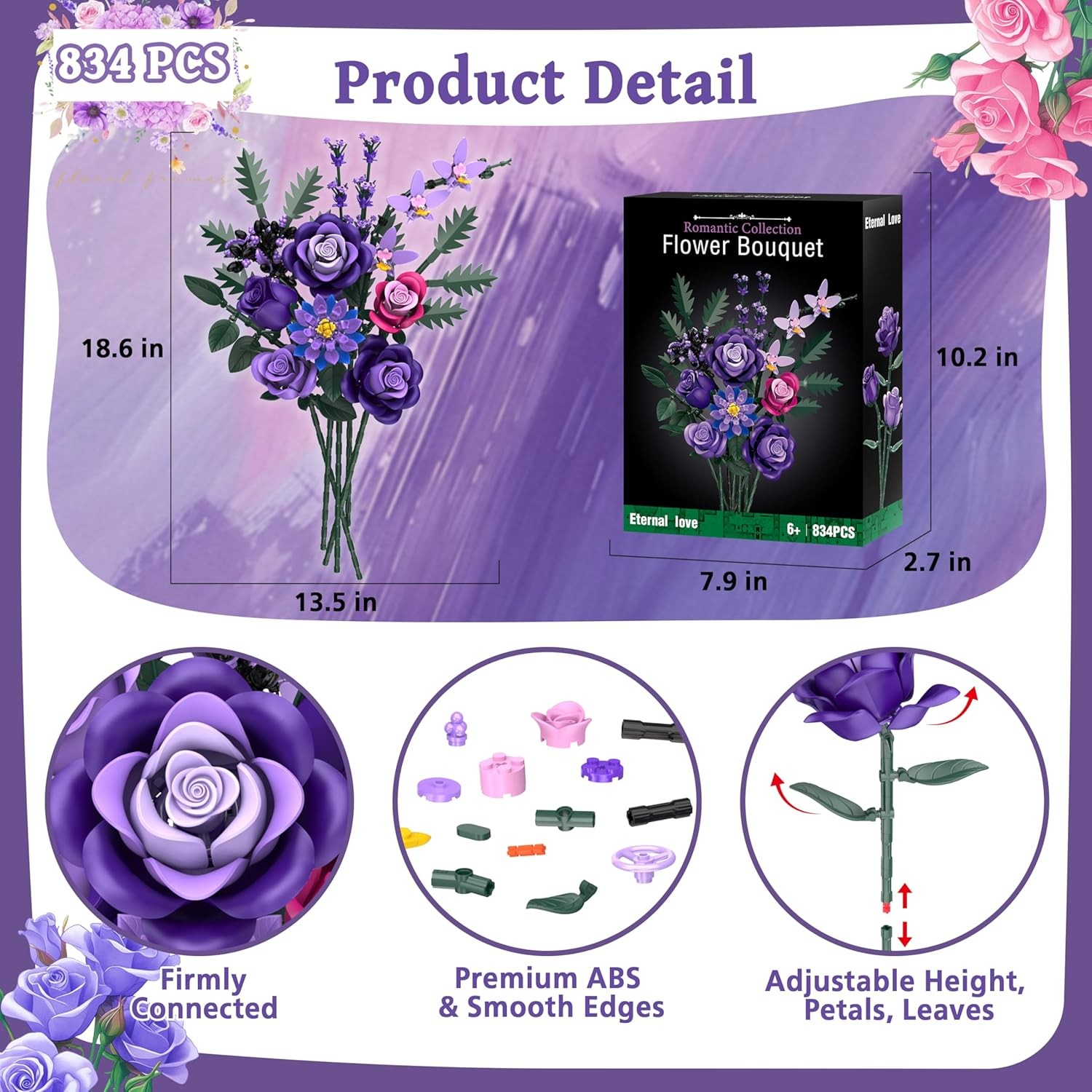 Purple Roses Flower Bouquet Building Sets, 834PCS Artificial Flowers Botanical C