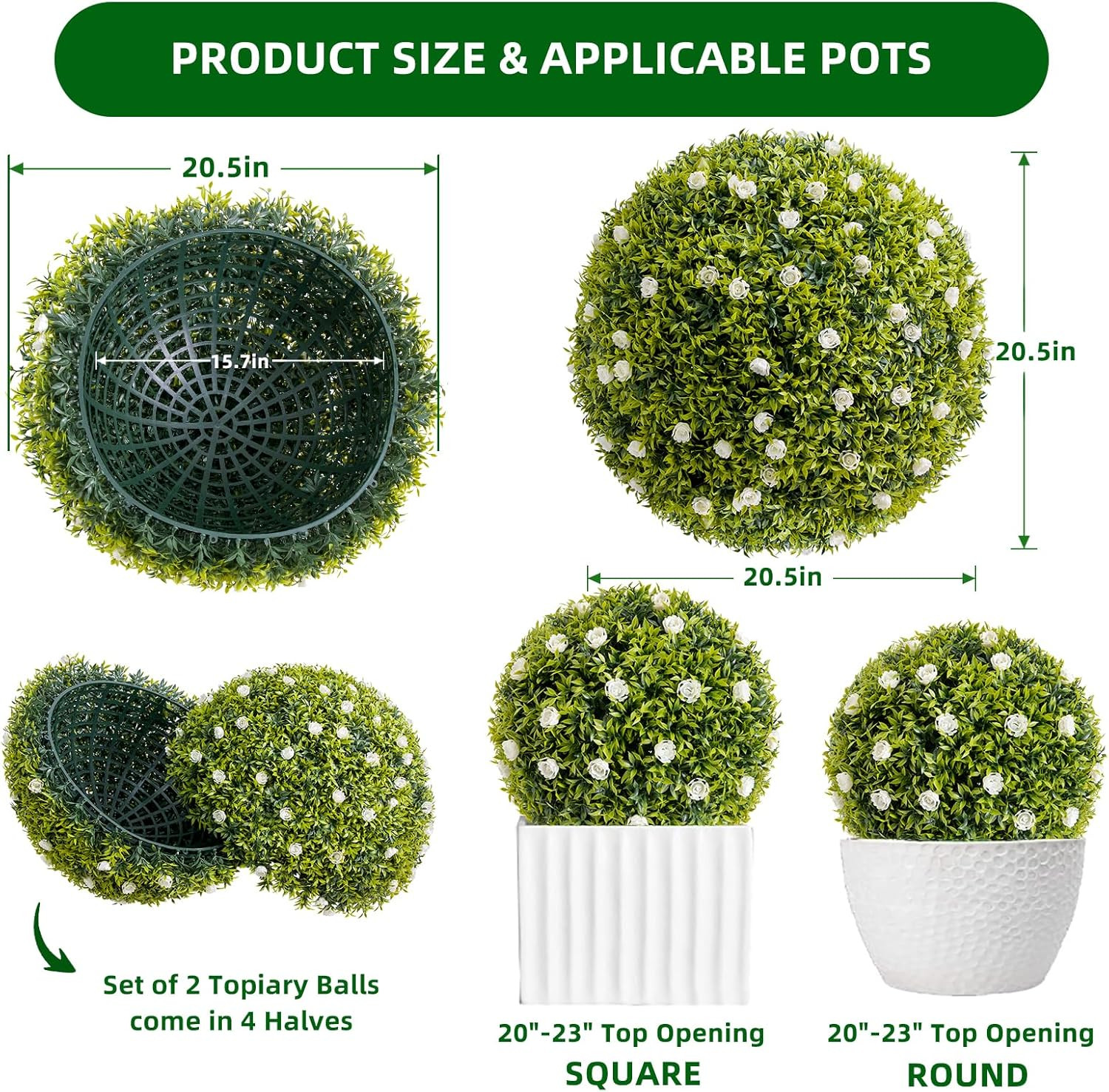 20.5″ Artificial Boxwood Topiary Ball Set of 2 with White Flowers for Home Decor
