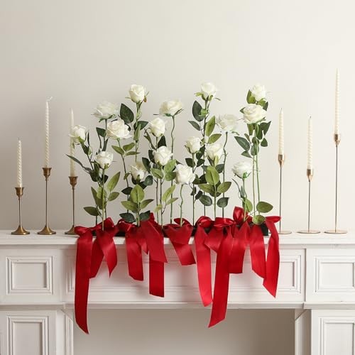 12PCS Artificial Silk Flowers Realistic Roses Bouquet 6 Flowers 6 Buds White