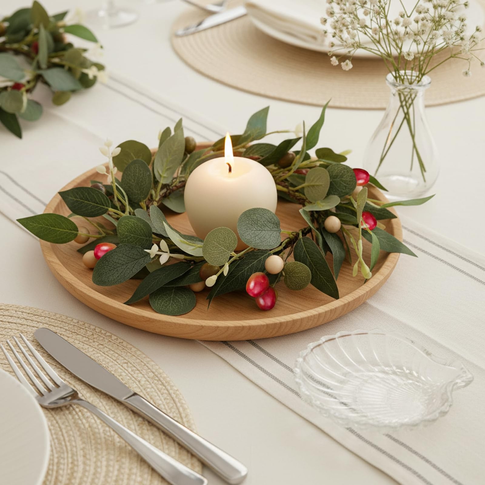 2 Pcs 4 Inch Mini Eucalyptus Wreaths for Candles, Summer Candle Rings with Ol…