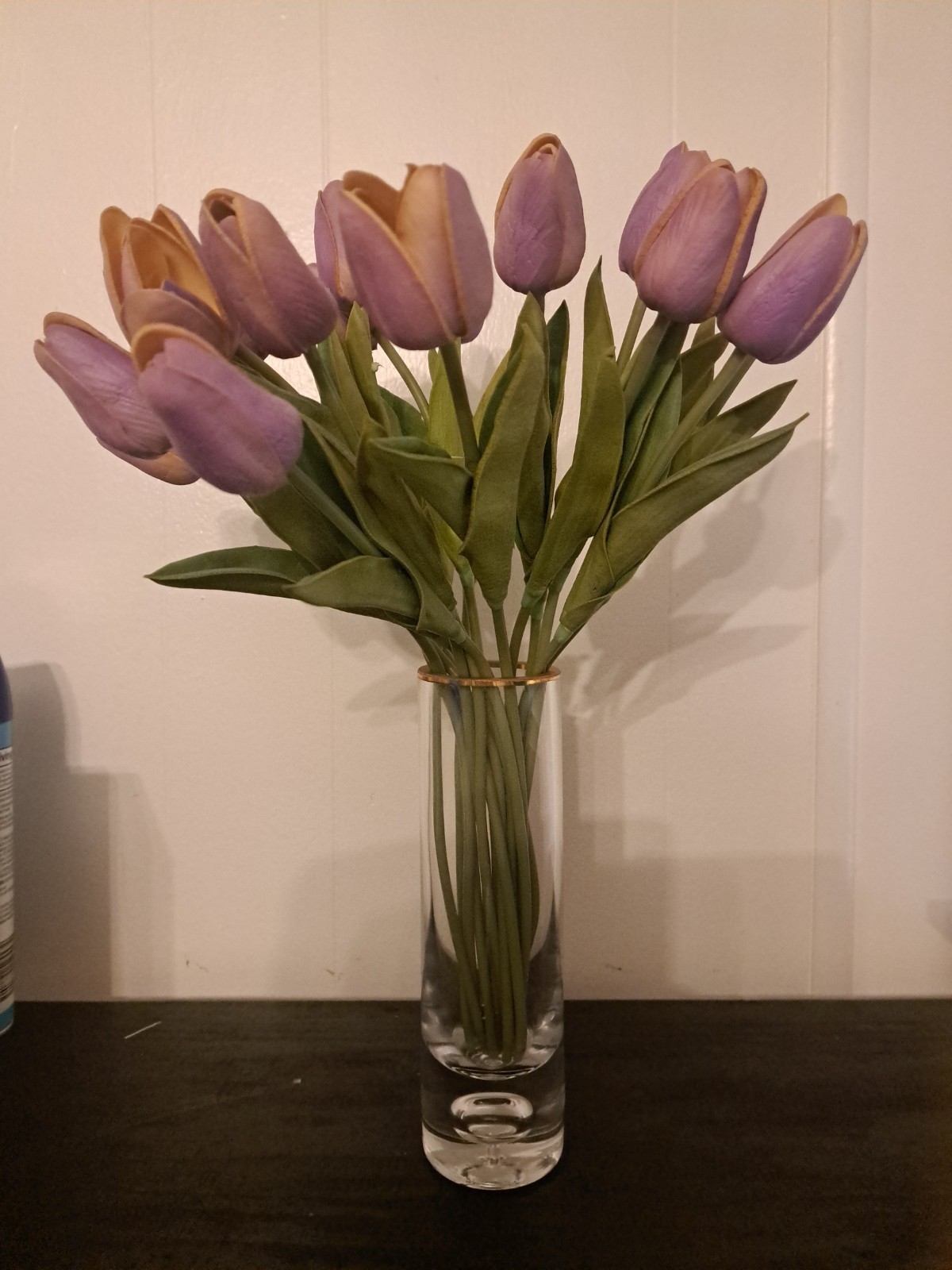 18 Artificial Purple Silk Tulips & Floral Gold Rim Illusion Vase 8″ H X 2.5 W