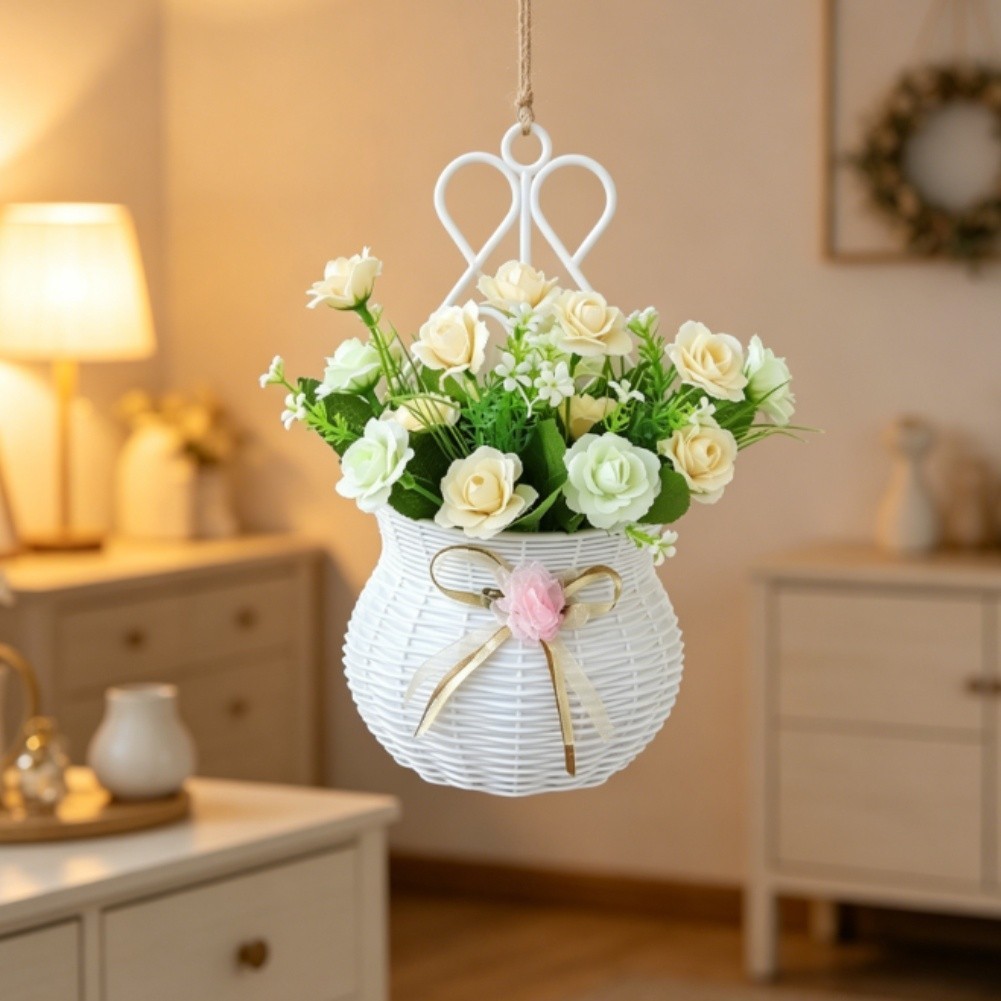 Wall Mounted Artificial Flower Basket with Hook for Home Garden Restaurant