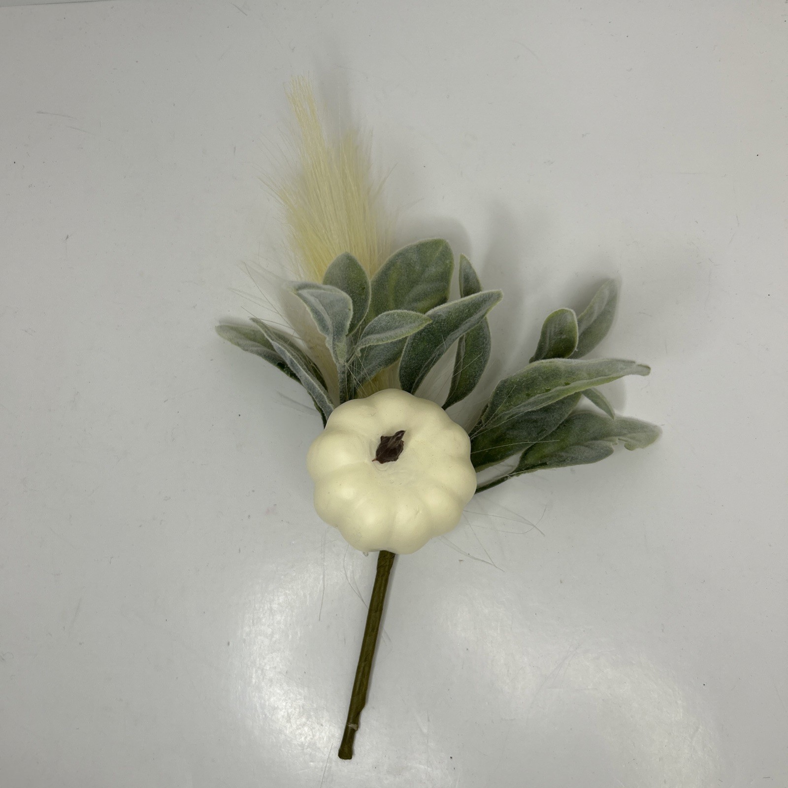10 Artificial Fall Pumpkin Floral Pick W/Faux Lambs Ear & Feather Grass