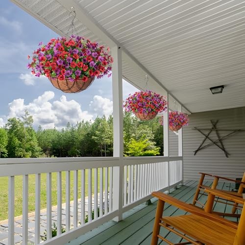 Artificial Silk Flowers Hanging Basket for Outdoor Indoor, Daisy Reddish Purple