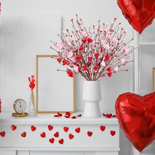 Heart Shaped Berry Picks 6 Pcs Artificial Red Berry Twig Flowers Stem Green