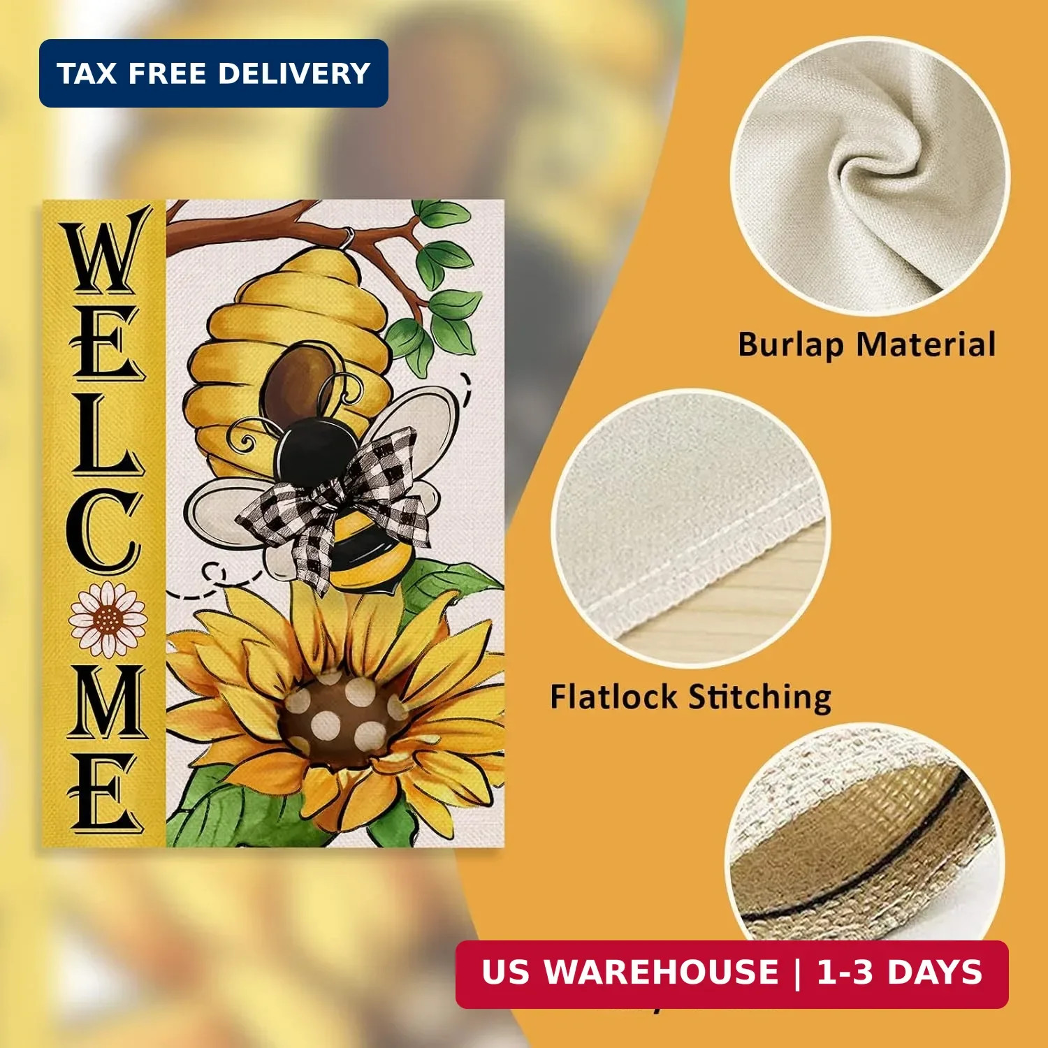 Welcome Spring Summer Bumble Bee Sunflower Decorative Garden Flag, Flower Honeyc