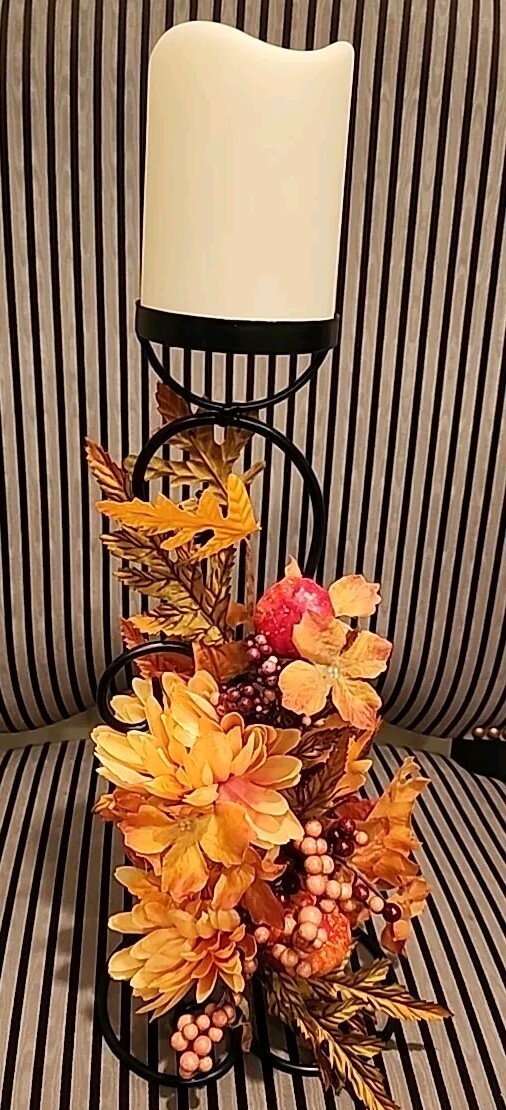 Fall Floral Decor w/Battery Candle ~ Black Wrought Iron ~ Berries Silk Flowers
